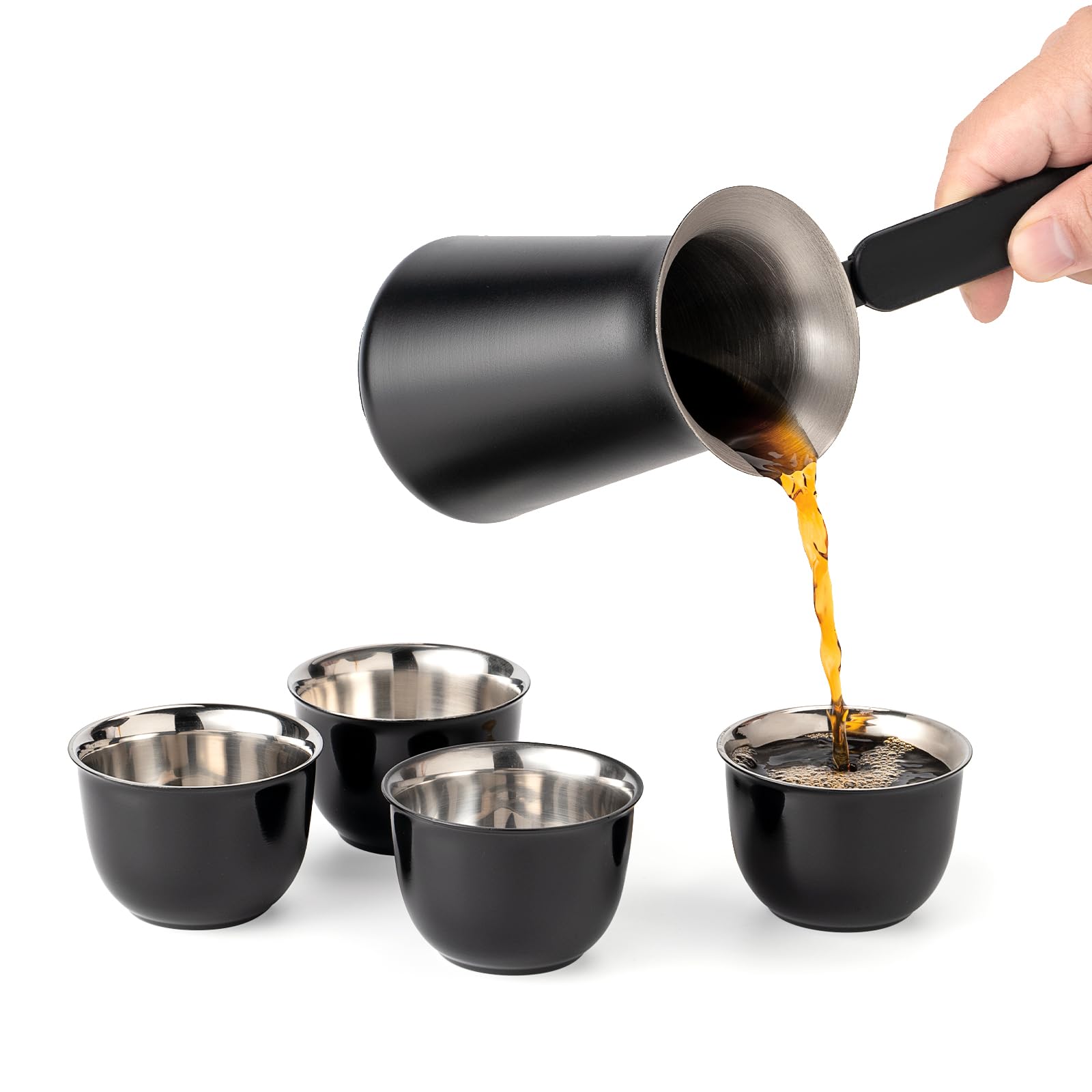 UNISWEET Turkish Coffee Pot Set- Coffee Maker, Briki Greek Turkish Pot with 4 Small Cups, Arabic Tea Pot, Cezve/Ibrik Coffee Pot for Stovetop(1 pot and 4 small cups)
