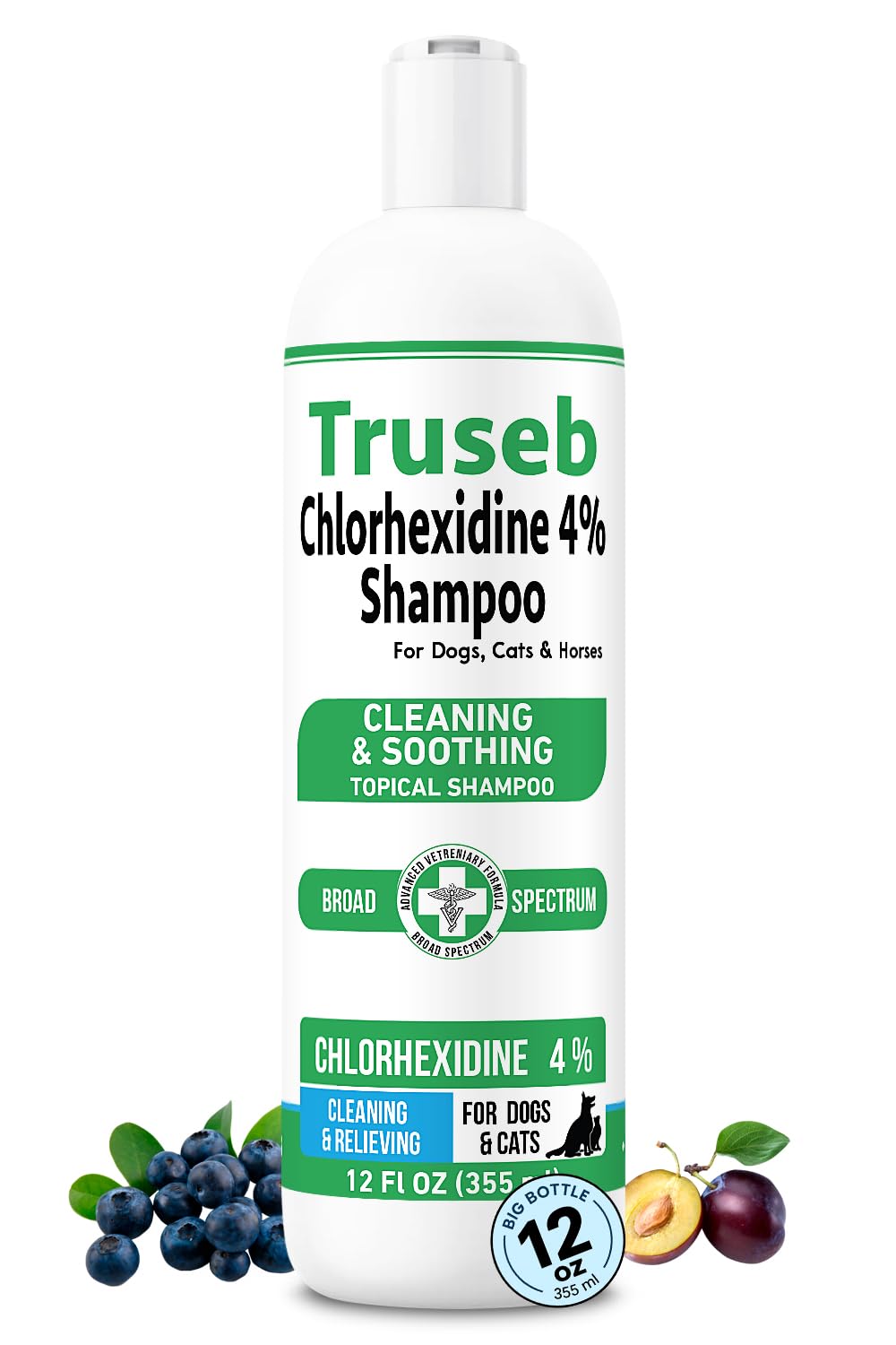 Truseb Topical Chlorhexidine 4% Shampoo for Dogs, Cats, and Horses with Plum/Blueberry Scent - 12 oz - Made in U.S.A (Chlorhexidine 4% Shampoo, 12 oz)
