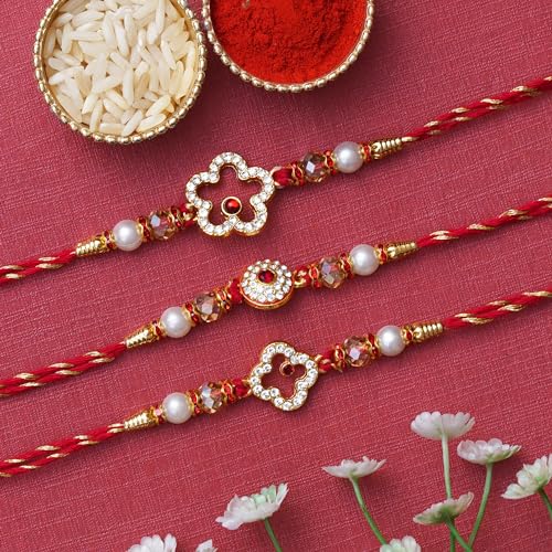 Image of eCraftIndia Set of 3 Rakhi Combo Hamper | Om Krishna Peacock Feather Lord Ganesha Silver Religious Designer Rakhis | Roli Chawal Pack