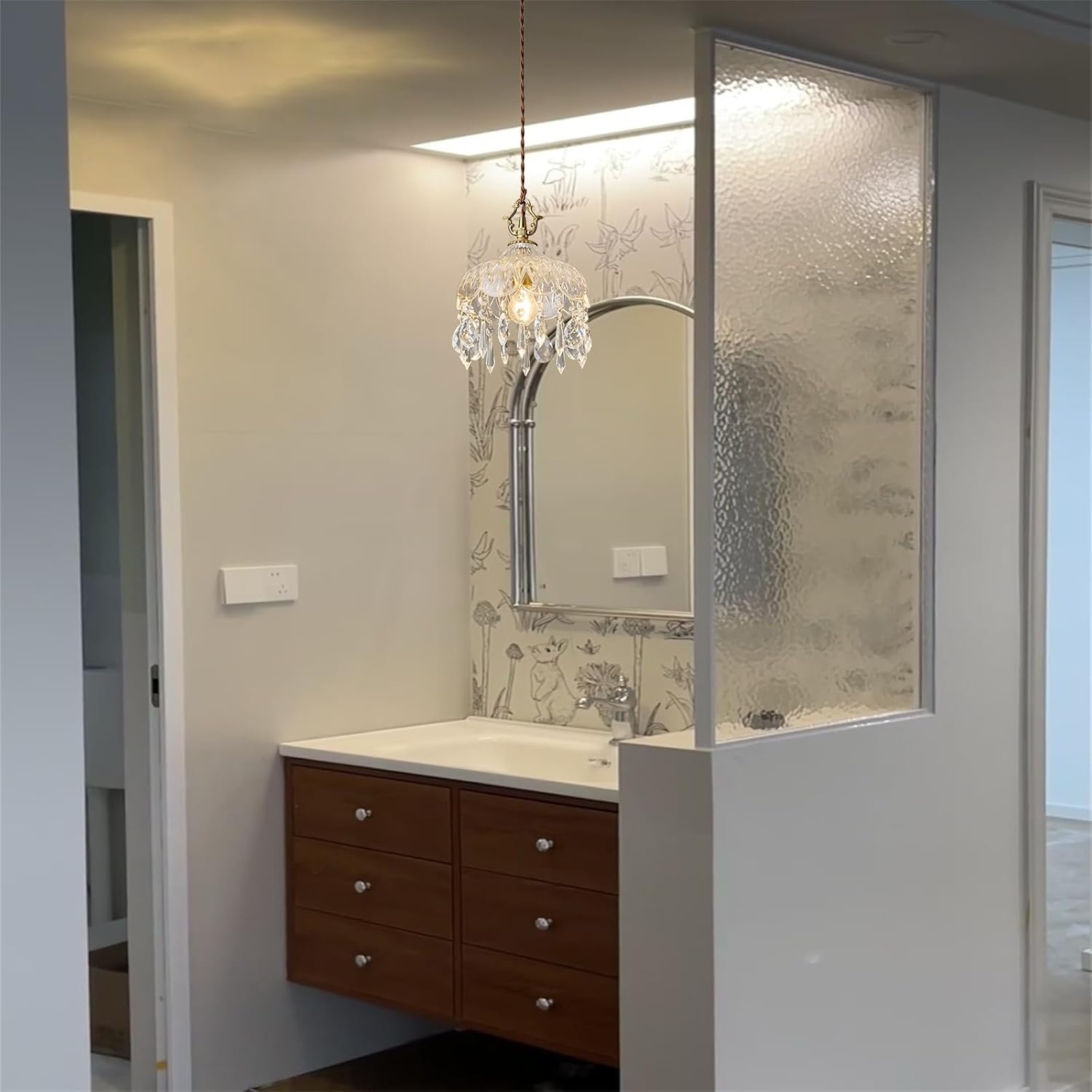 Vintage Crystal Chandelier, 8 Inch Crystal Dome Pendant Light for Bedroom, Hallway, Balcony, Bedside, Bar, Adjustable Height up to 47.2 Inch