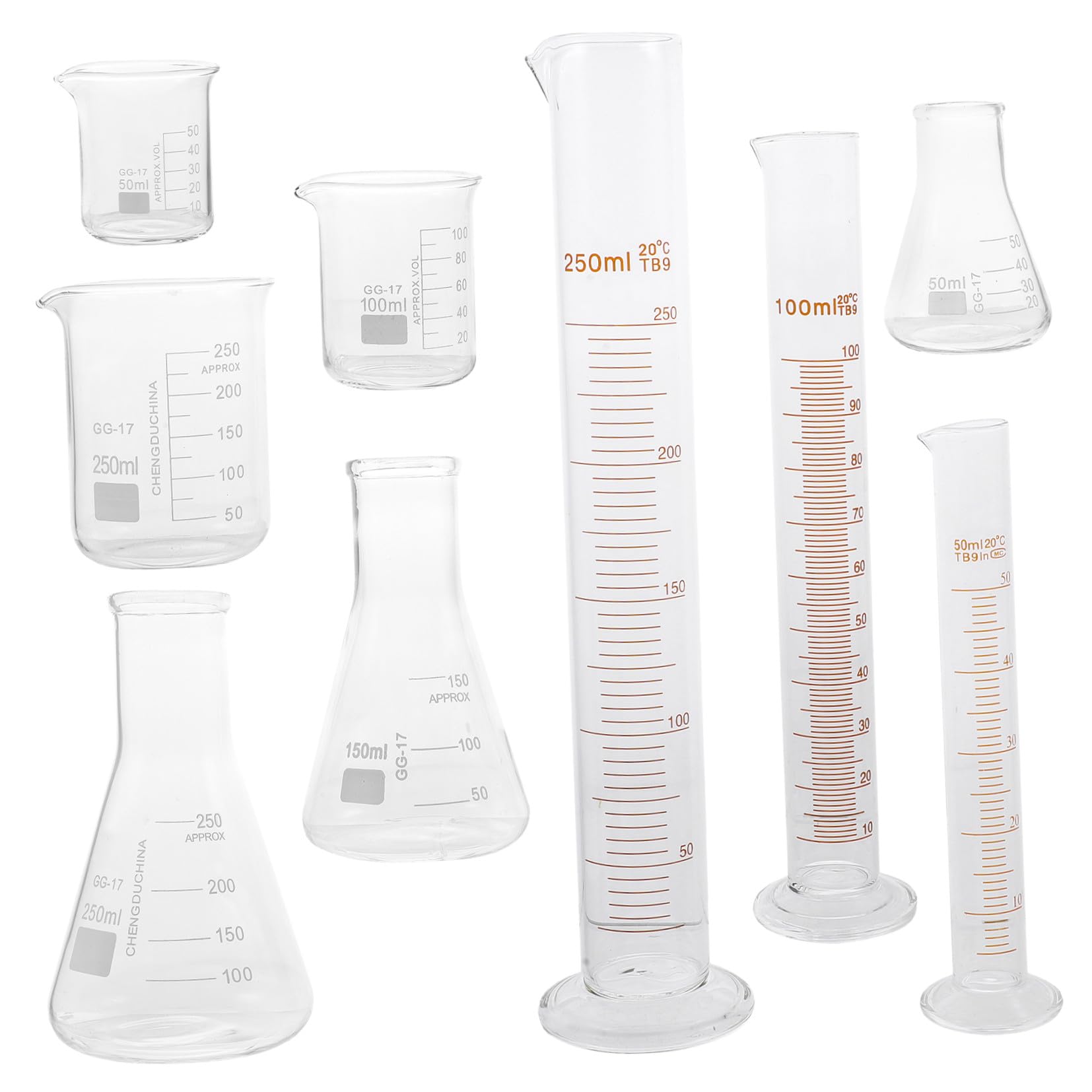 POPETPOP Set 9 Pezzi Vetro da Laboratorio Becher Graduato, Cilindro Graduato in Vetro e Bottiglia Conica, Scala Chiara per Misurazioni Precise, per Esperimenti Scolastici e Chimica
