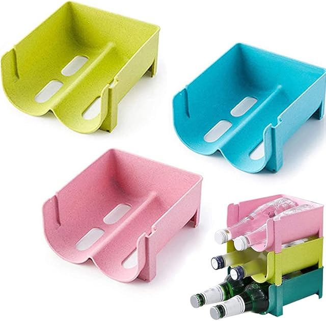 SDFAA 3 Pieces Plastic Stackable Wine Rack, Refrigerator beer storage rack, Stackable Bottle Rack, Plastic Free-Standing Water Bottle Rack,Pink,14 x 16 x 7.5 centimetres