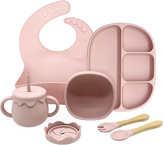 Baby Led Weaning Utensils, Divided Plate Suction Bowl, Spoon, Fork, Bib, Bowl, Sippy Cup, Snack Cup - Silicone Baby Feeding Set(Light pink)