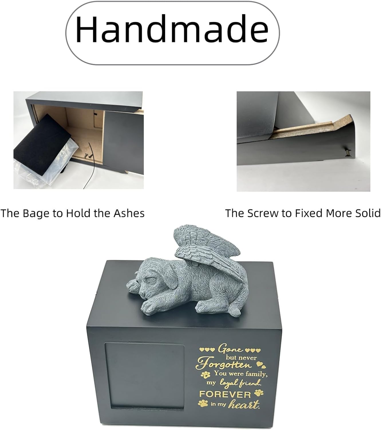 Large Wooden Pet Urn for Ashes，Pet Memorial Dog urns for Ashes with Elegant Angel Dog Statue，Keepsake Memory Box with Photo Frame,Loss Pet Memorial Remembrance Gift