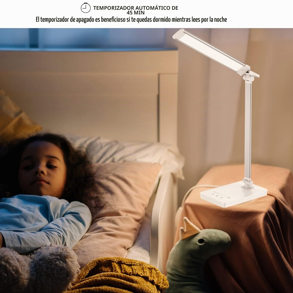 Lámpara de escritorio, lámpara LED de mesita de noche con puerto de carga USB, 5 modos de color, 5 niveles de brillo, control táctil, dormitorio, uñas para niños (blanco)