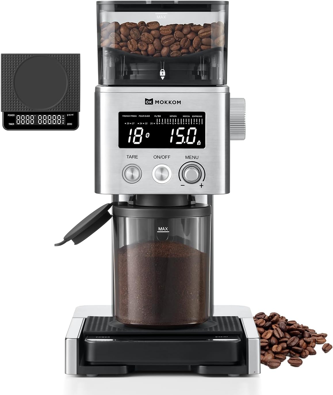 MOKKOM Coffee Grinder with Removable Coffee Scale and Bluetooth Connectivity
