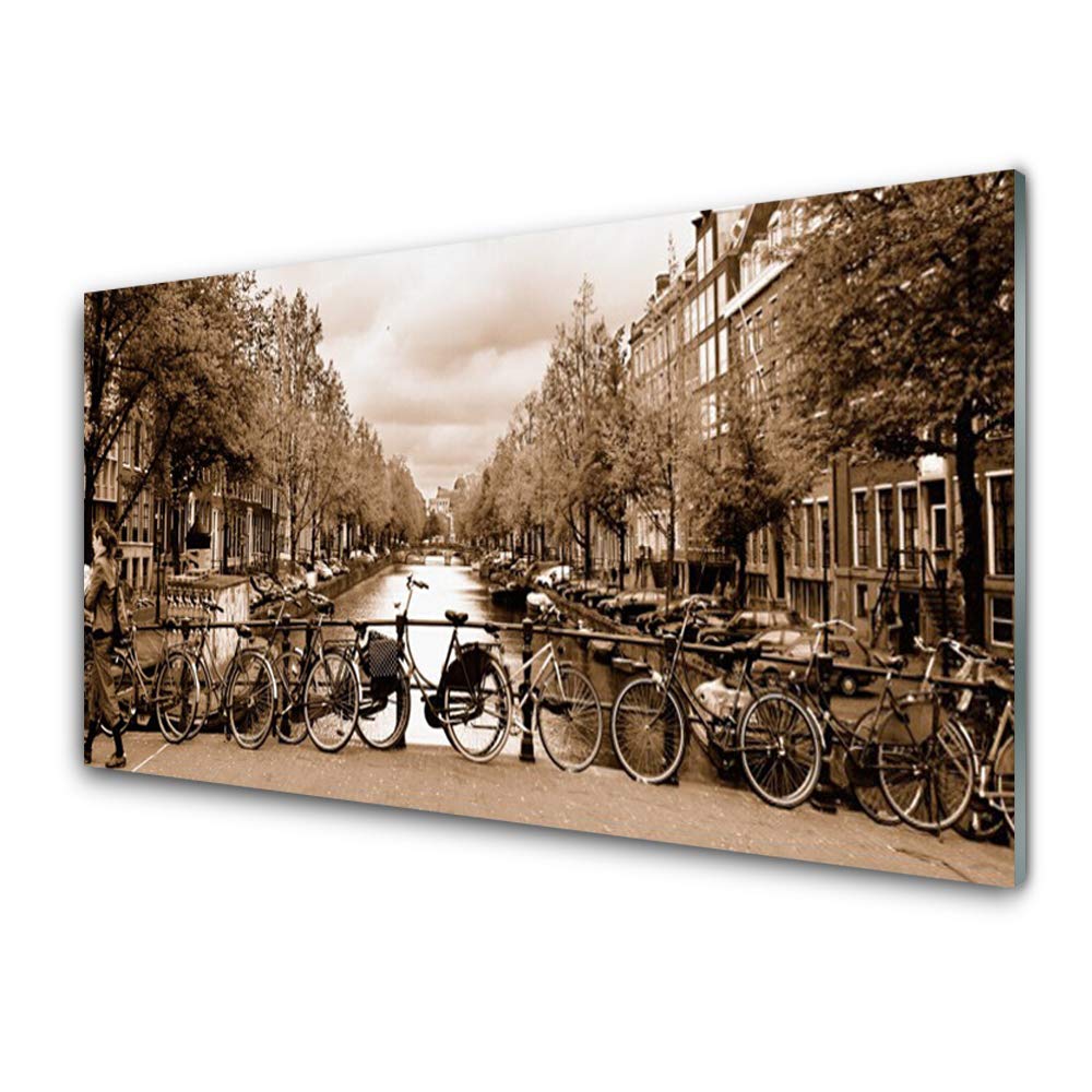 Tableau en verre trempé 100x50cm paysage rivière arbres vélos déco murale moderne salon