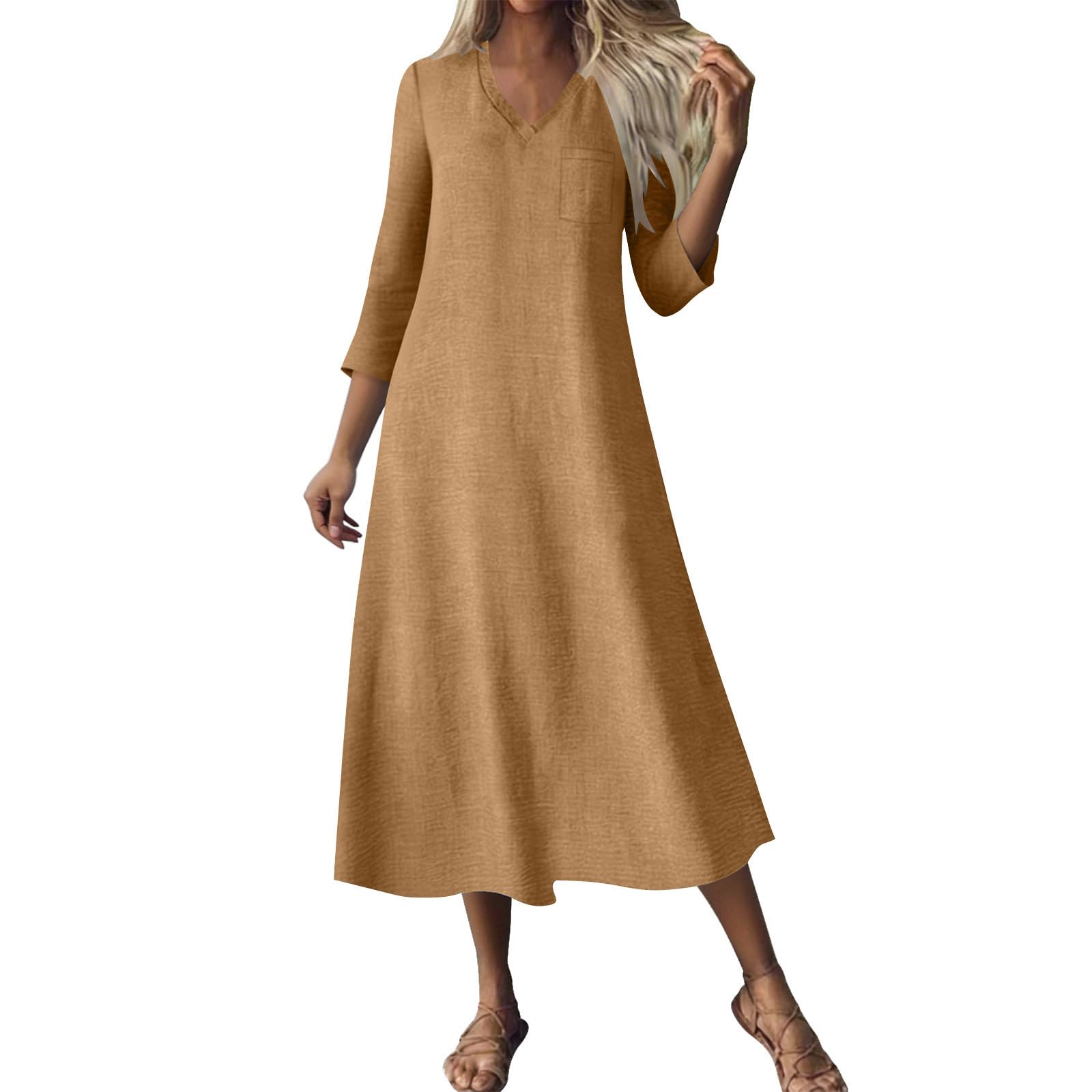 RLEHJN Maxikleider Damen Sommer,Langarm V-Ausschnitt Sommerkleid Boho Kleid Einfarbige Lang Strandkleid Leicht Und Luftig Leinenkleider Freizeitkleid Elegant Casual Kleider Baumwollkleid