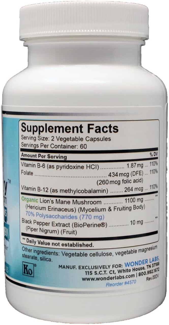 Wonder Laboratories Lions Mane Mushroom 1100mg Mycelium & Fruting Body - Nutritionally Supports Memory and Brain Function Plus Essential B-Complex for Energy - 120 Capsules