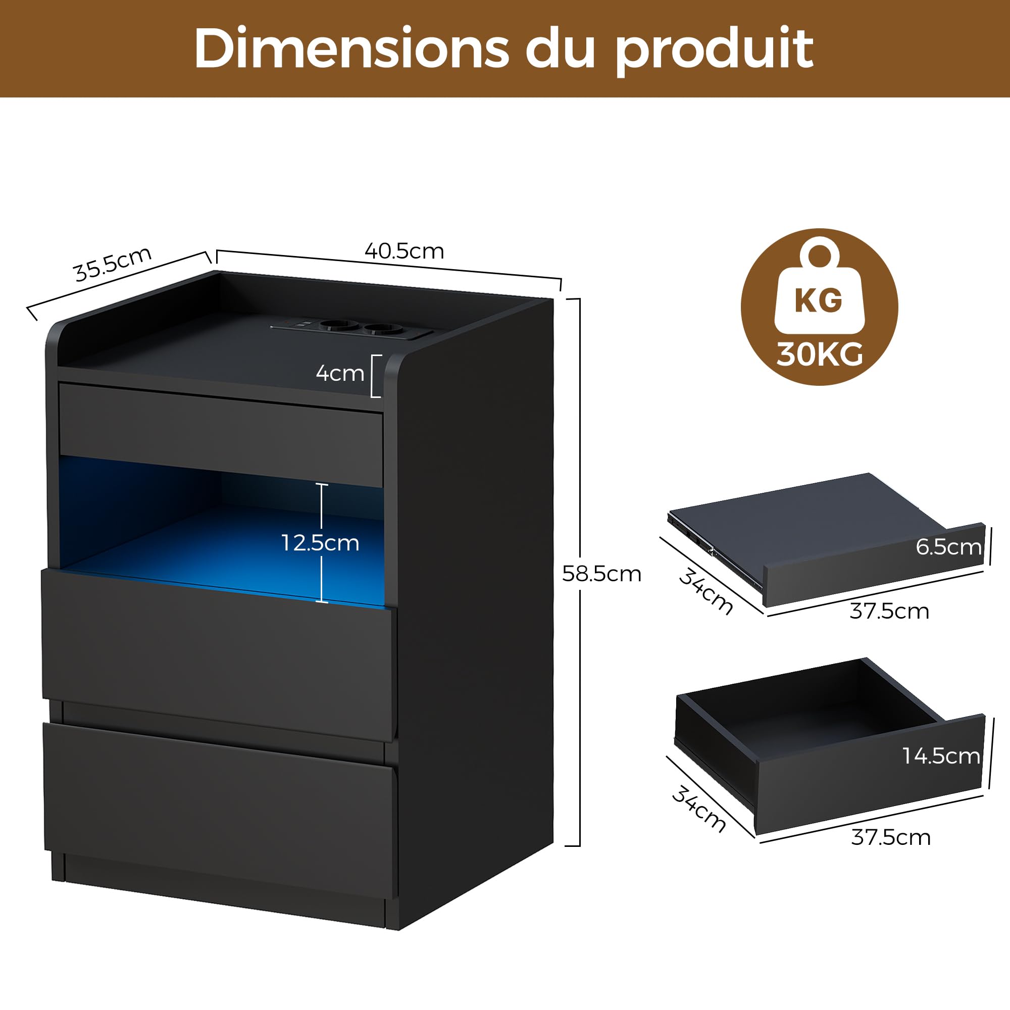 BEWISHOME Table de Chevet Lot de 2 avec,avec Compartiment caché,Moderne et Polyvalente Table de Nuit,avec Fonction de Charge,pour Salon,Chambre,Bureau,Noir EFCG02B