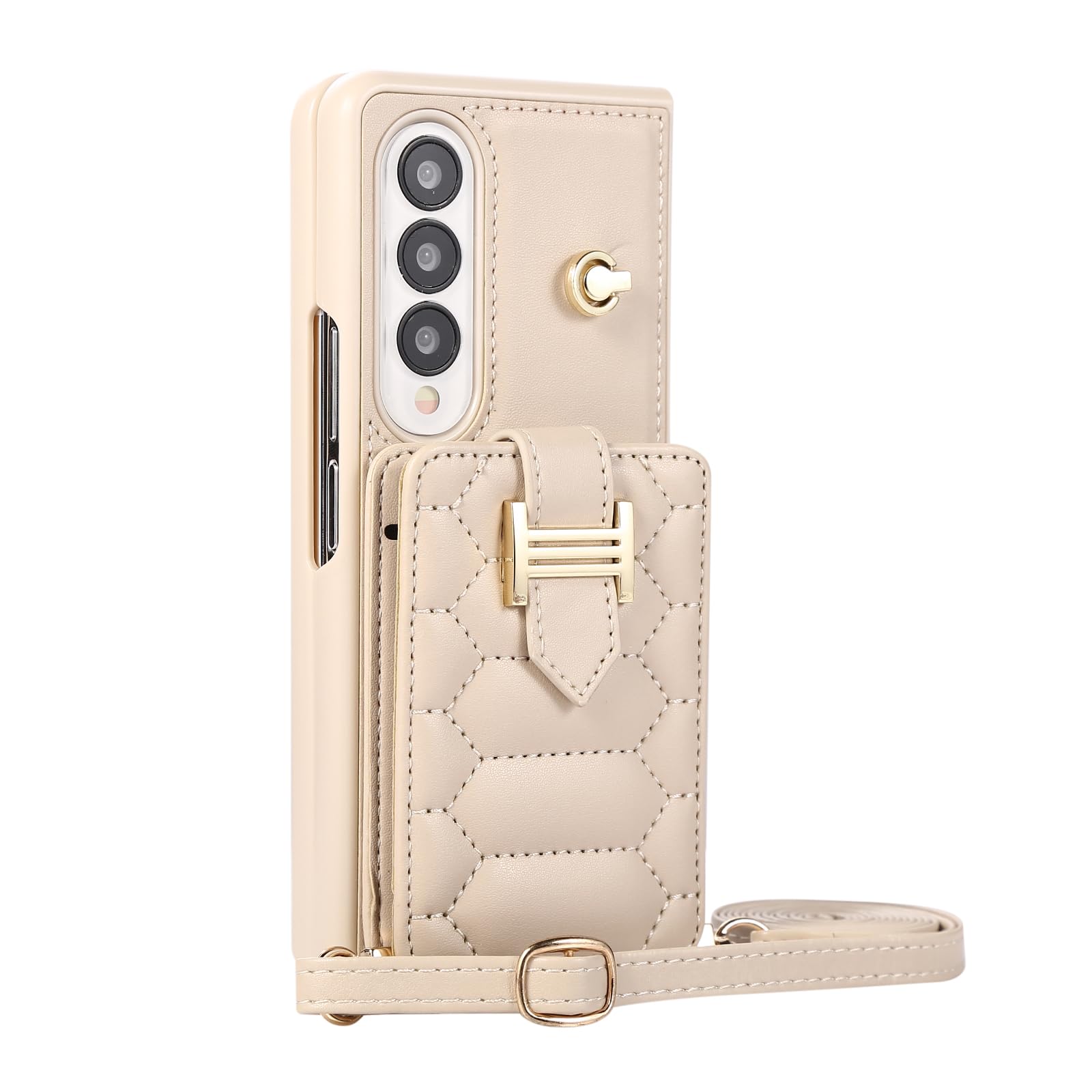 ONVWallet Case Compatible with Samsung Galaxy Z Fold 5-Adjust Crossbody Strap Metal Closure Card Holder Slots Back Cash Pocket Stand Bumper Multifunction Cover for Samsung Galaxy Z Fold 5[ZYSK]-Beige