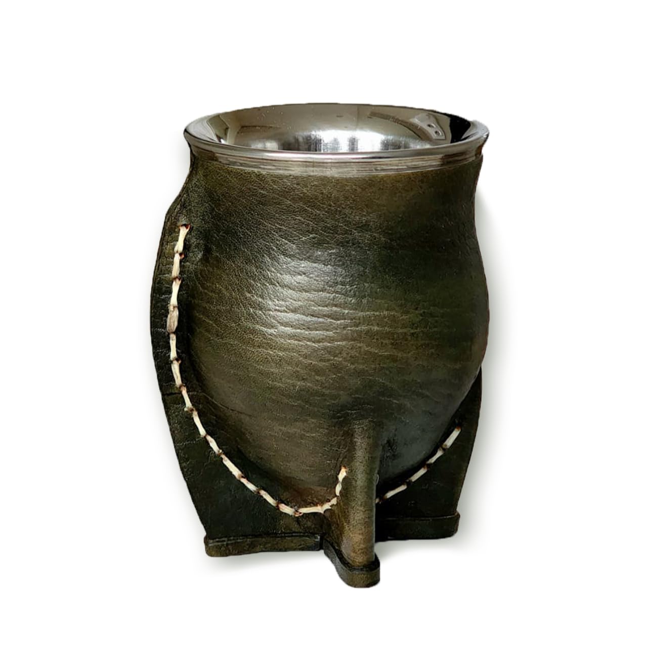 Tazza opaca argentina tradizionale, opaca termica, in acciaio inox, doppia parete, con esterno in pelle verde militare, Yerba Mate Cup, con lampadina