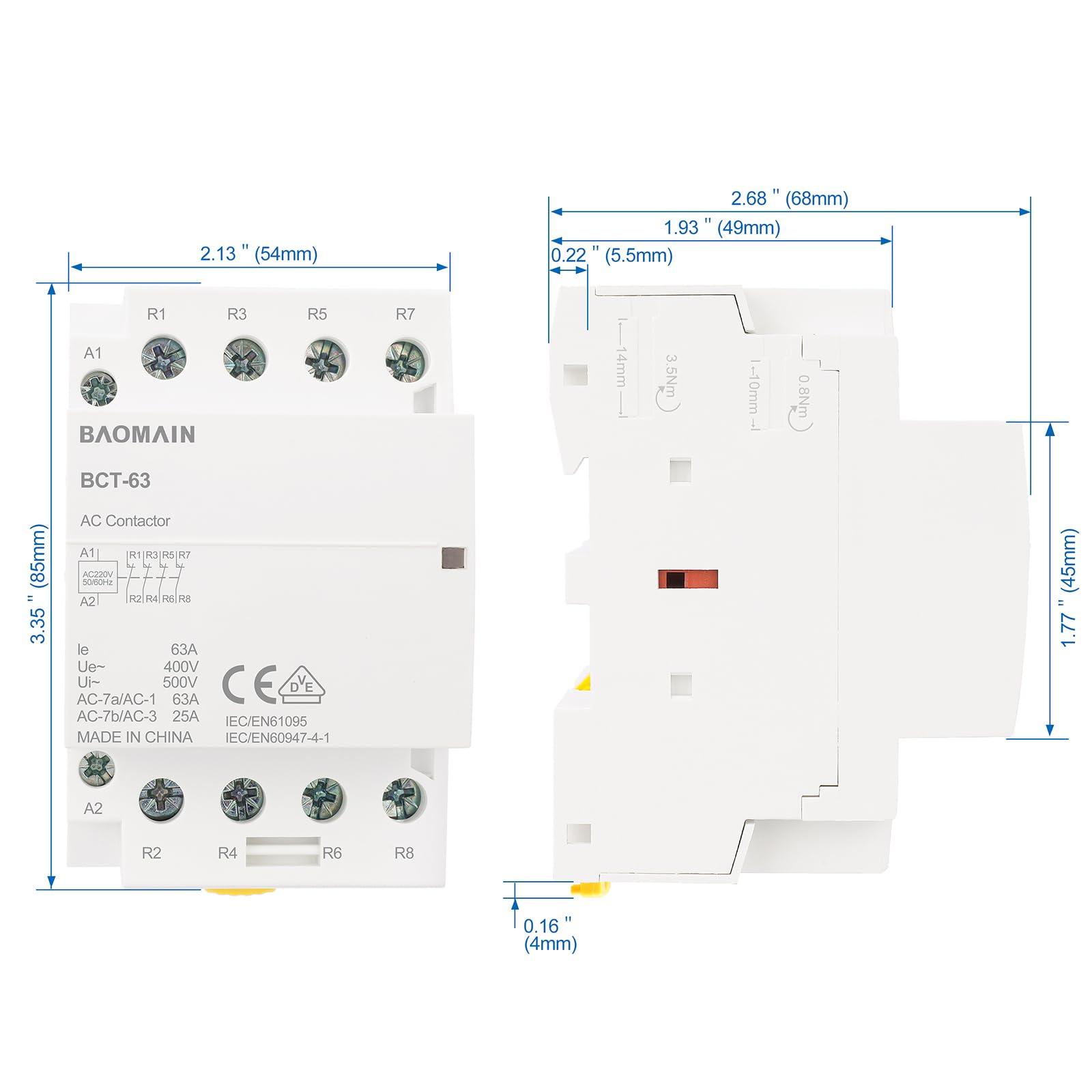 BAOMAIN Installationsschütz 230V 63A 4-polig 4NC (4 Öffner), Brummarmer Hausschütz für 35mm DIN-Schiene, VDE zertifiziert, Lastschütz für Sicherheitsabschaltung, BCT-63