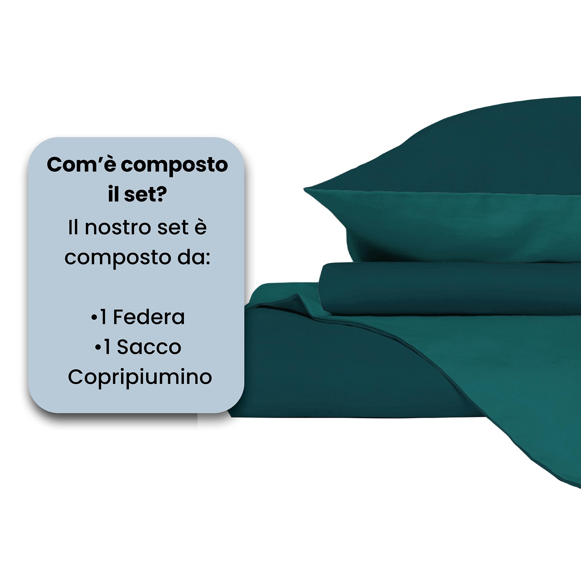 Set Copripiumino 100% Cotone Natural Color, Made in Italy - Parure Copri Piumino - Sacco Piumone 200x200 cm con Doppia Patella e Federa Cuscino, Piazza e Mezza, Verde Petrolio/Verde Bottiglia