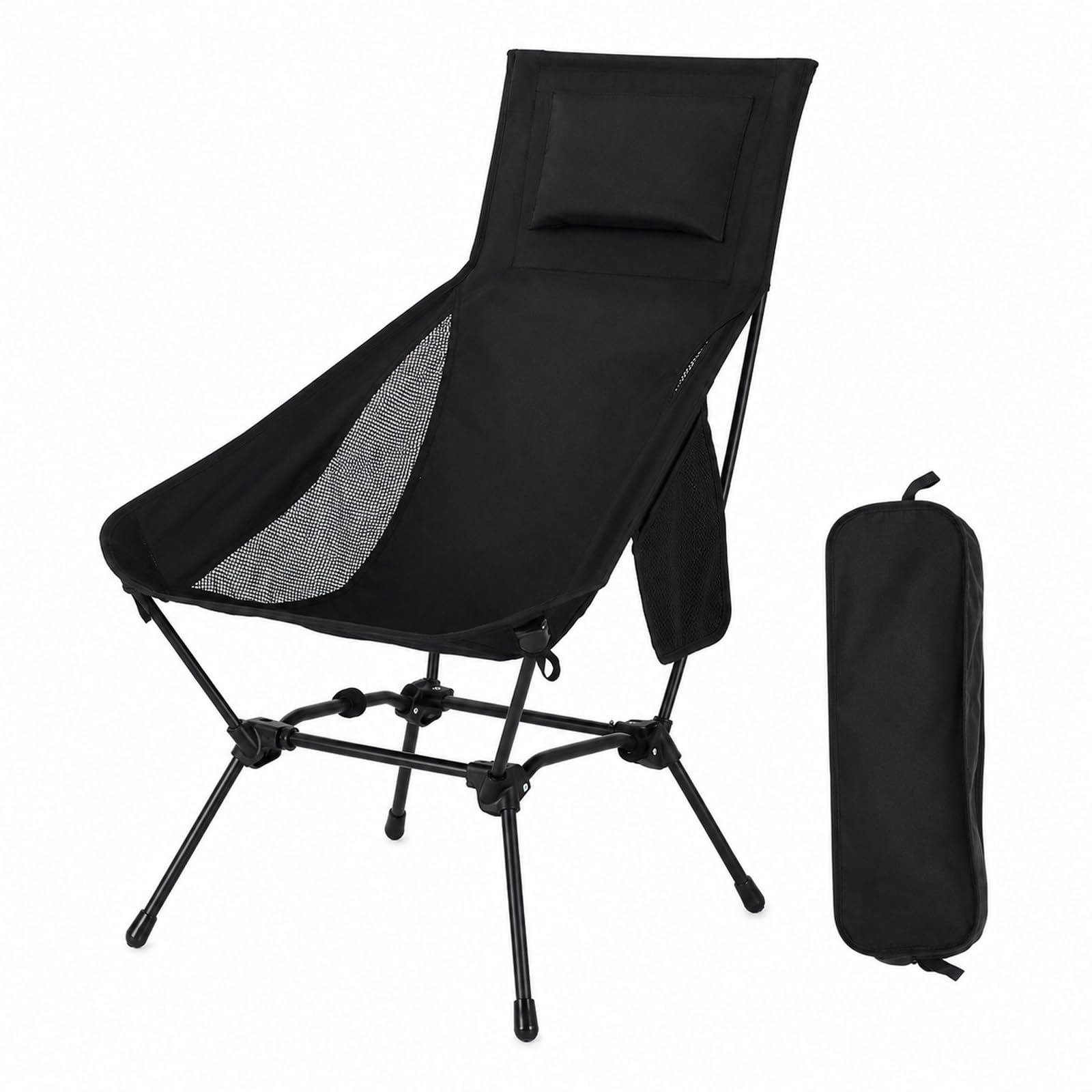 GOOGO High Back Camping Chair, Foldable Camping Chair with Side Pocket & Carry Bag, Comfortable & Breathable, 74x58x90cm, Portable Outdoor for Camping, Fishing, Beach, Picnic and Garden (Black)