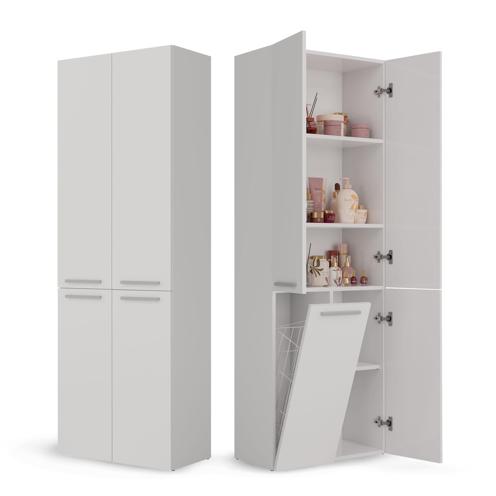 CDF Mobile da Bagno con Armadietti e Ante Bianco Colonna Bagno Salvaspazio 1 Cesto per la Biancheria Mobile Alto a Colonna Cesto Portabiancheria Armadio Bagno 174 x 60 x 30