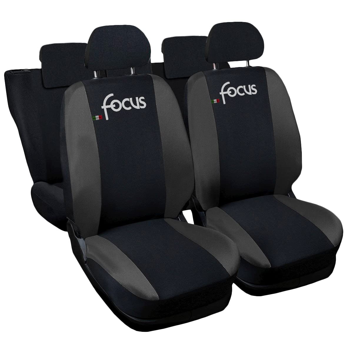 Lupex Shop Coprisedili auto compatibili con Focus, Nero Grigio Scuro, Made in Italy, tessuto poliestere, set sedili completi anteriori e posteriori