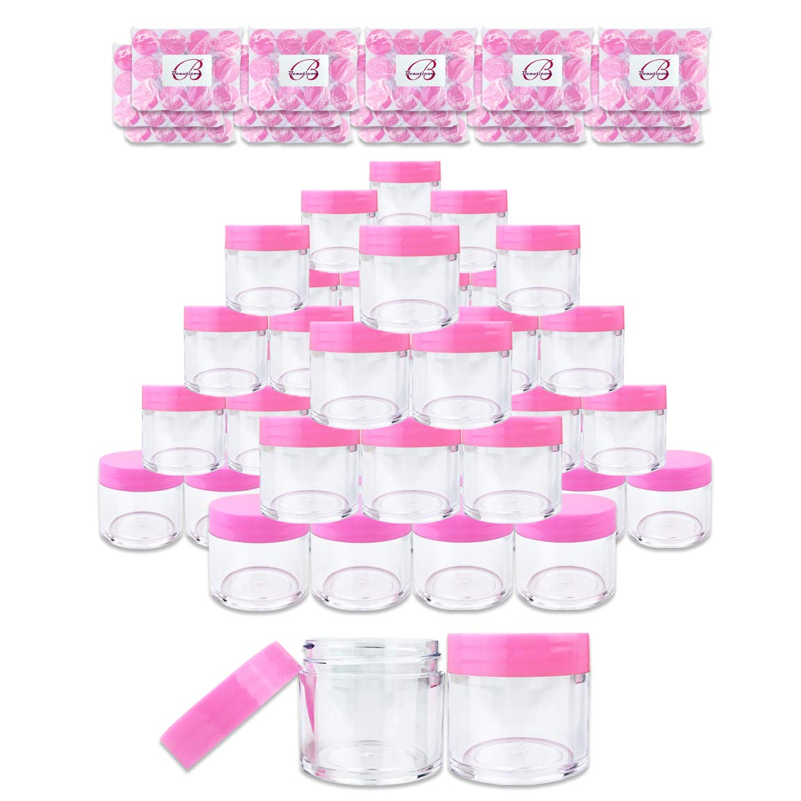Beauticom 1 oz 30G 30ML Acrylic Round Clear Jars with PINK Flat Top Lids for Creams Lotions Make