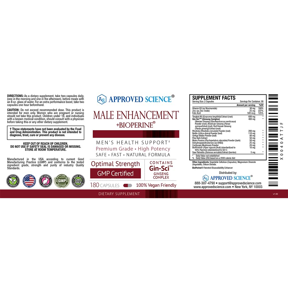 Approved Science® Male Enhancement - Boost Performance and Increase Drive - 180 Vegan Friendly Capsules (1 Bottle)