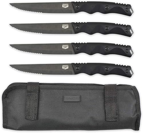 Juego de 4 cuchillos para carne resistentes de 4.5 pulgadas con estuche de viaje para cocina y campamento, G10, cuchillos lavados a la piedra de