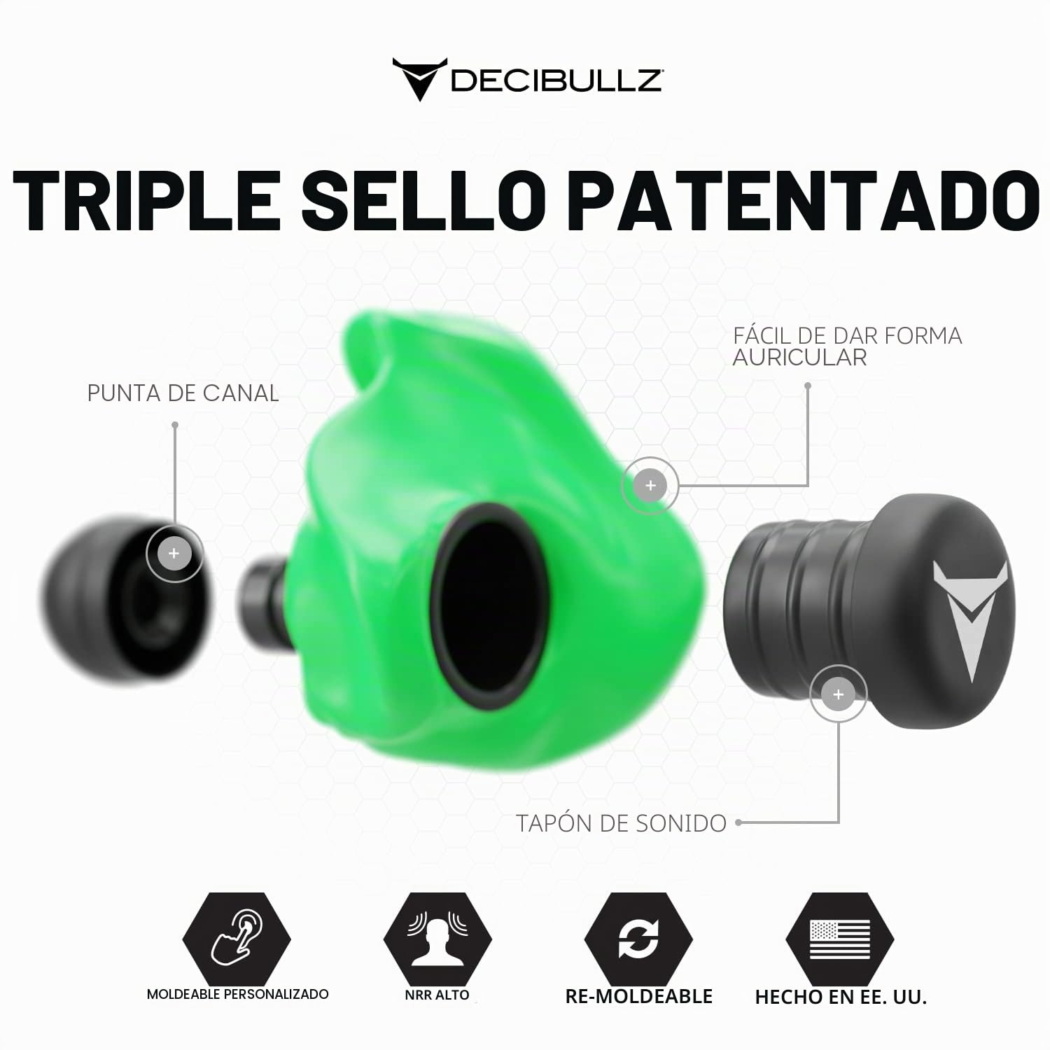 Decibullz - Tapones para los oídos moldeados a medida, 31 dB más alto, cómodo protección auditiva para disparos, viajes, trabajo y conciertos (verde)