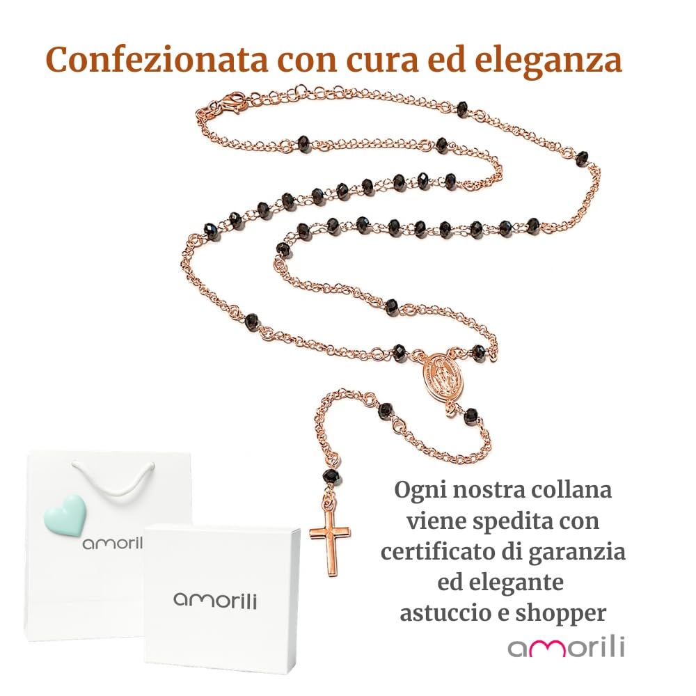 Collana Rosario Uomo Donna in Argento 925 Ramato con Postine e Grani Neri Sfaccettati – Collana Religiosa Cattolica Cristiana di Fede – Gioiello Elegante cll1018