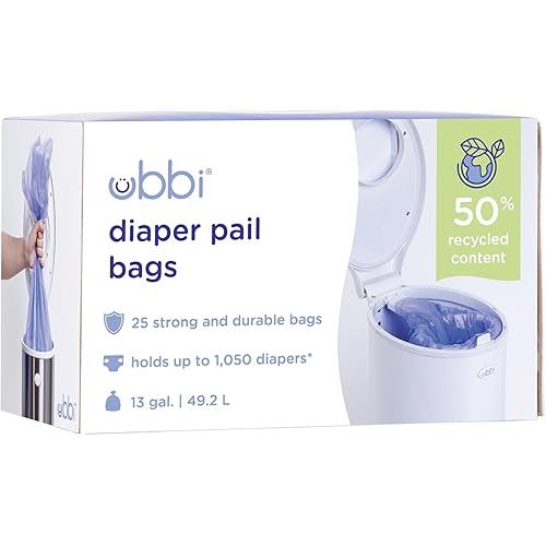 Ubbi Diaper Pail Plastic Bags, Disposable Baby Waste Bags, Single Pack, 25 Count, 13-Gallon Bags
