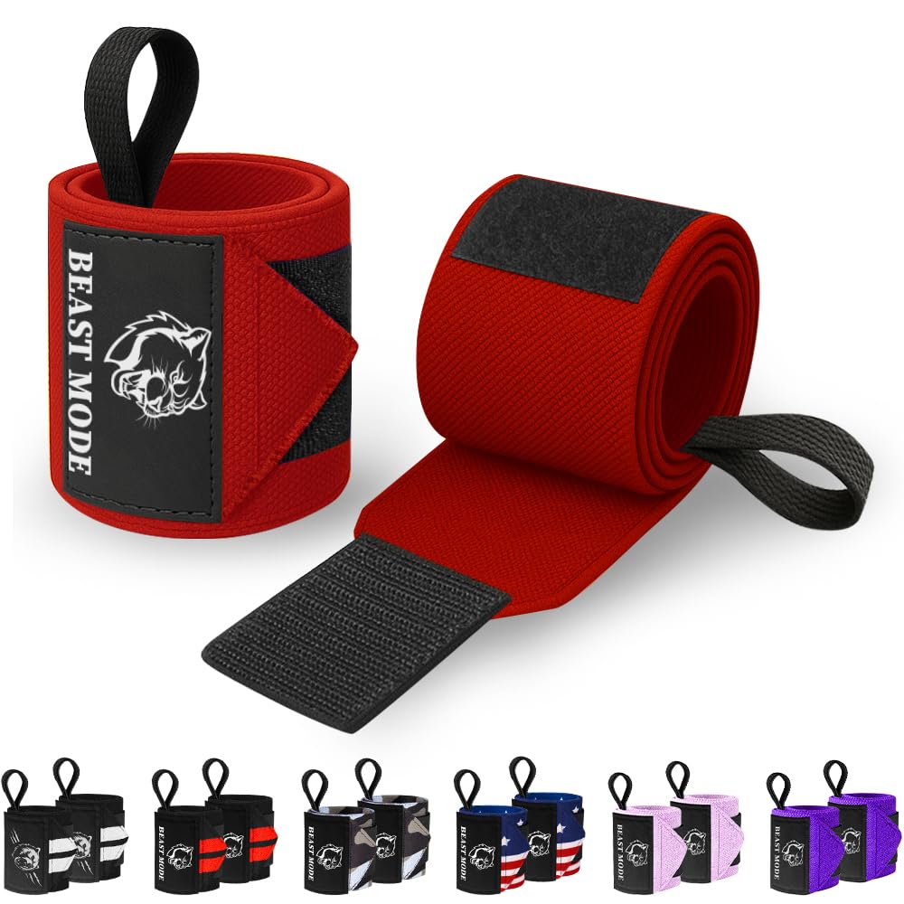TECEUM Elastic Cotton Weightlifting Wrist Wraps with Thumb Loops, 1 Pair | Red, 12 in length, Beast Mode print, Strong stitched seams, Adjustable hook and loop closure, For men and women-image-34