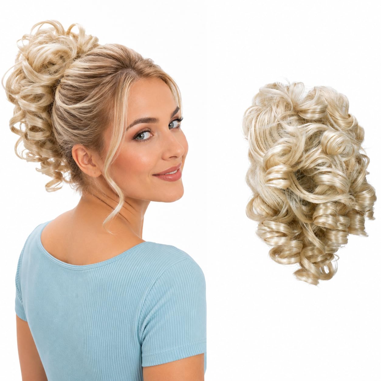 CAISHA Parrucchino Scrunchie Updo Acconciature Voluminoso Ricci Disordinato Bun Biondo Chiaro G5L