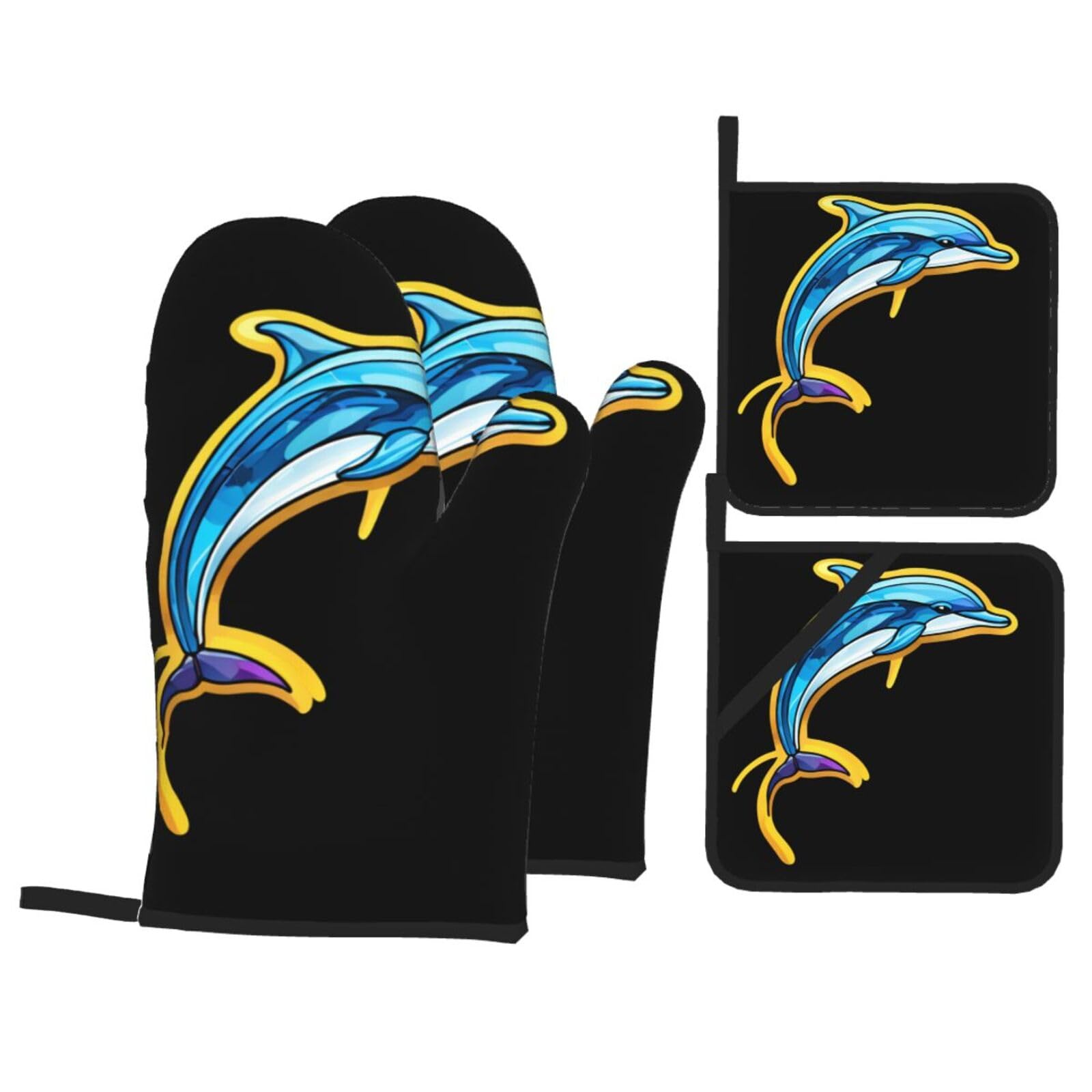 YYHWHJDE Stroke Blue Dolphin Printed Kitchen Baking Set of 4 Thick Insulated Oven Mitt & Pot Holders, Anti-Scalding for Microwave, Oven, Outdoor BBQ