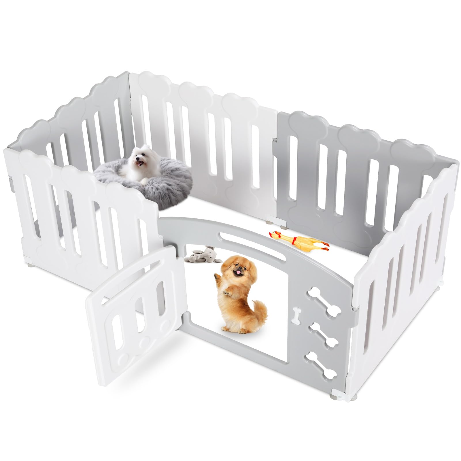 Recinto per Cani da Interno Esterno alto 60cm, Box per Cani 5+1 Pannelli, Recinzione per Cani Pieghevole, Recinto per Gatti in Plastica con Cancello, Incluse Ventose e Ancoraggi a Terra, Grigio-Bianco