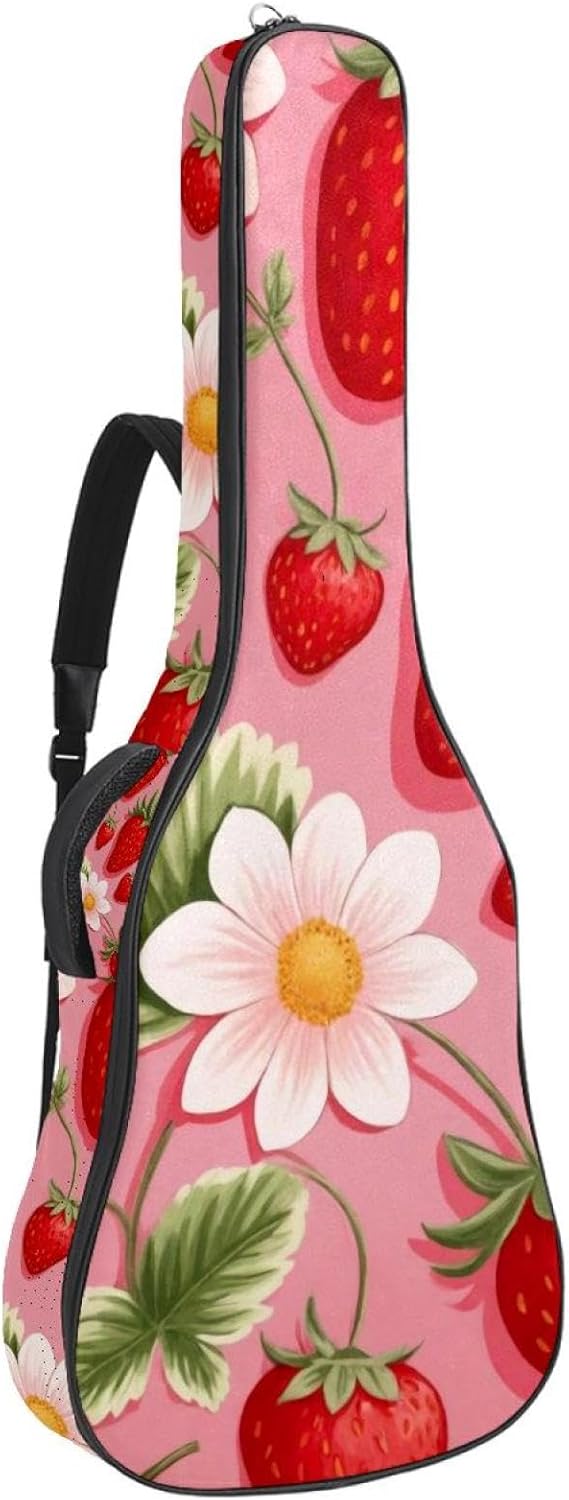 Acoustic Guitar Bag 0.4 Inch Thick Padding Waterproof Guitar Case Gig Bag for 40 41 42 Inch Electric Bass Classical Guitar, Summer Strawberries with Flowers