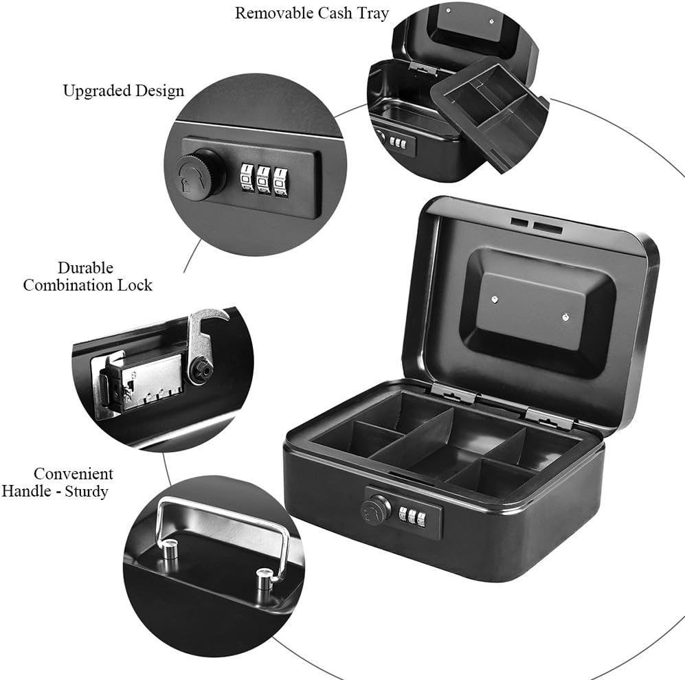 Jssmst Small Cash Box with Combination Lock – Durable Metal Cash Box with Money Tray Black,7.87 x 6.3 x 3.35 inches, CB0701M : Office Products