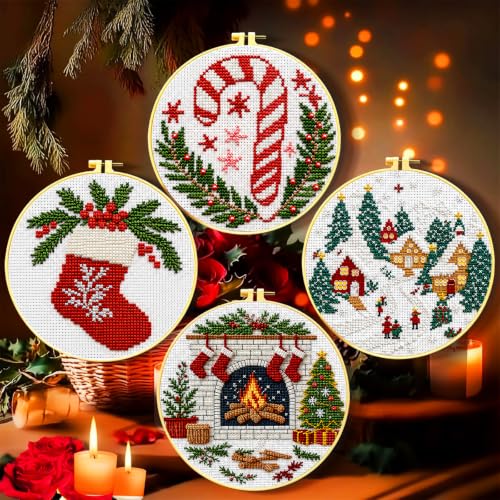 Image of Zhenqing 11 Count Stamped Cross Stitch Kits for Adults Beginners, Hand Embroidery Christmas Ornaments kit with Instructions Embroidery Hoops,Christmas Stocking-Four-Piece Set(68446)