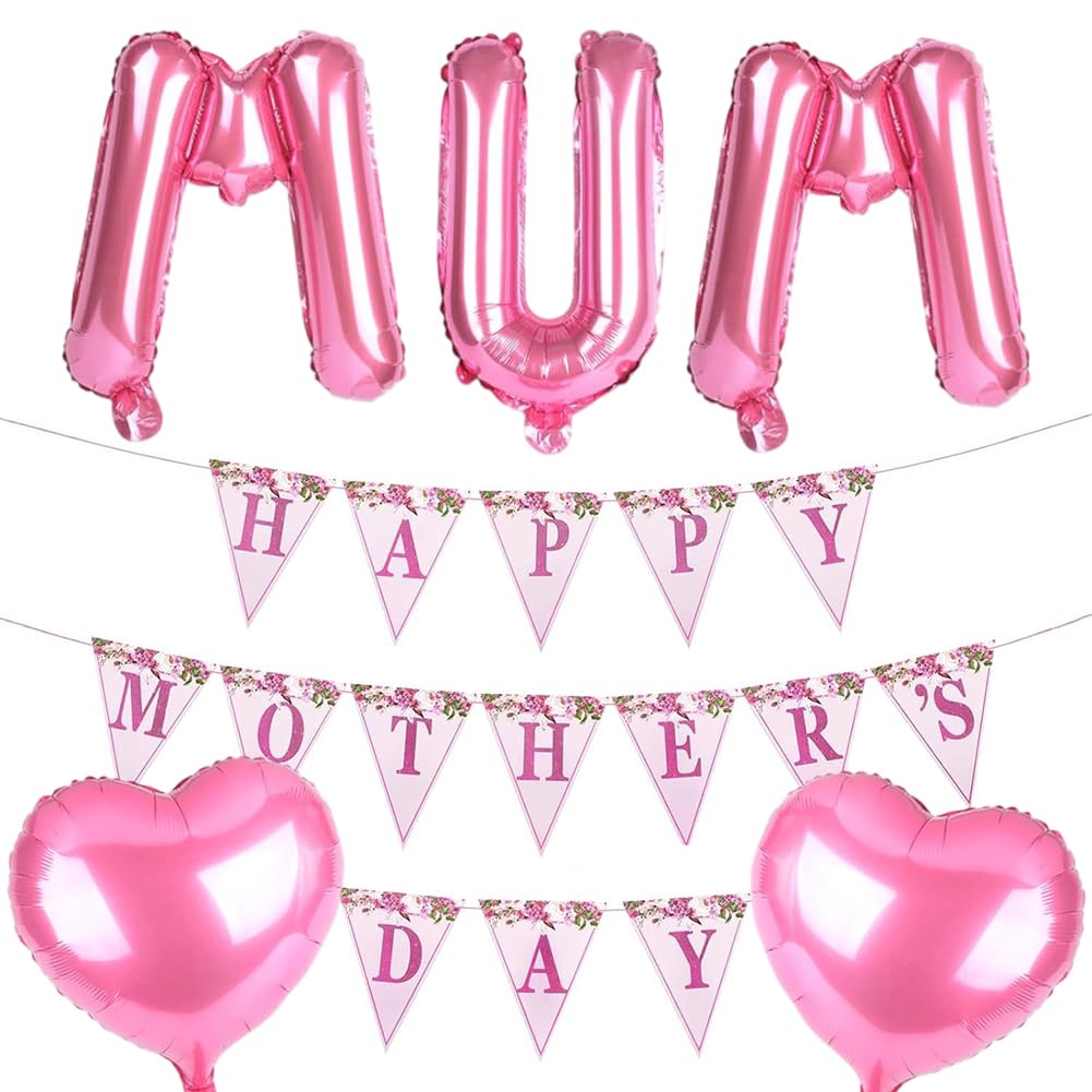 BZQCPLX 4 PCS Mothers Day Party Decorations,Happy Mother's Day Banner,Pink Mum Foil Balloon,18 Inches Heart Shape Foil Balloons,Mothers Day Balloons Banner Decorations,Decorations for Mother