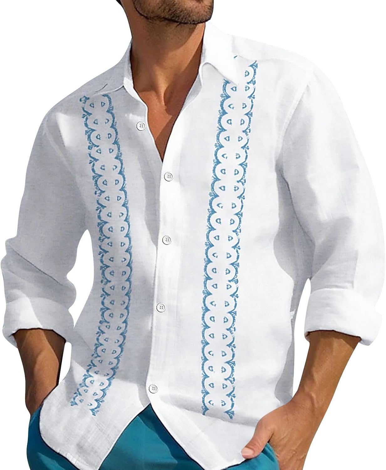 Ymosrh Men's Casual Long Sleeve Button Down Shirts Summer Beach Vacation Cuban Guayabera Shirts, M-5XL