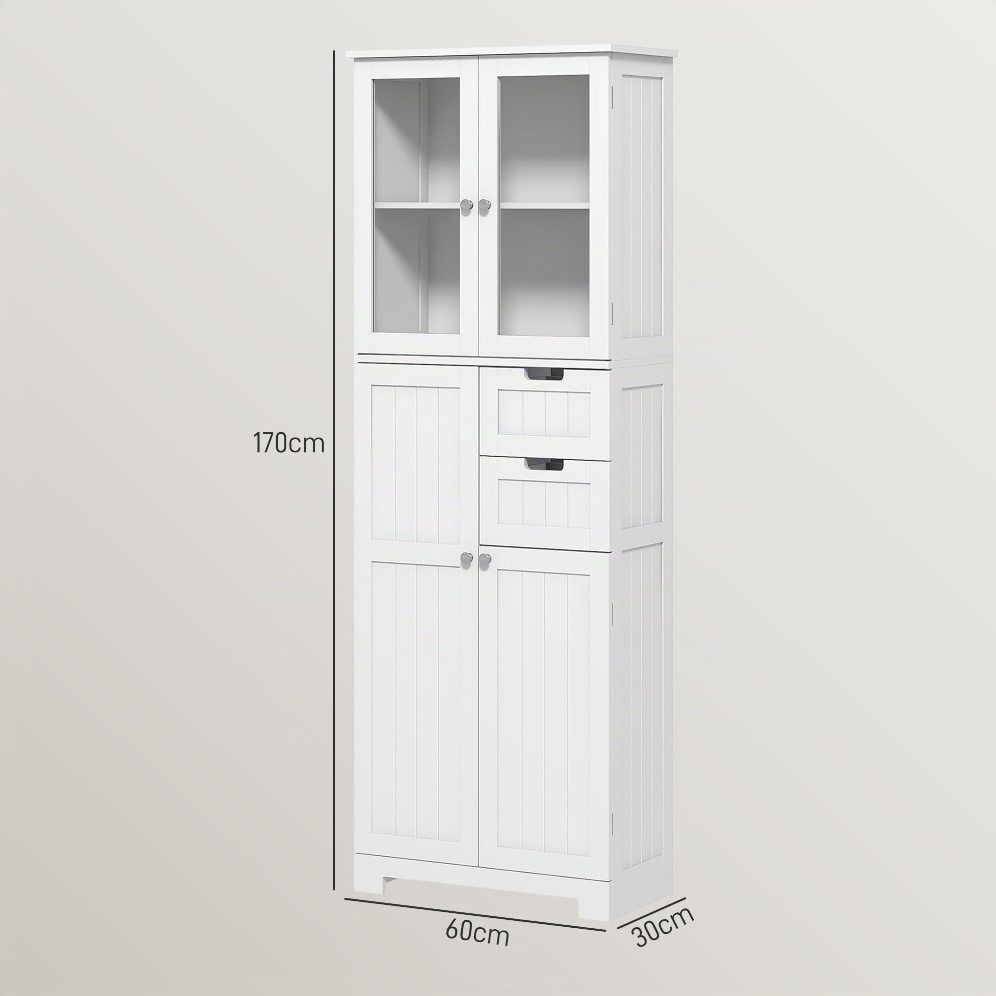 HOMCOM - Columna para cuarto de baño, mueble de baño, almacenamiento alto moderno, con puertas acristaladas, armarios, cajones y estantes ajustables, armario de baño, cocina, sala de estar, 60 x 30 x