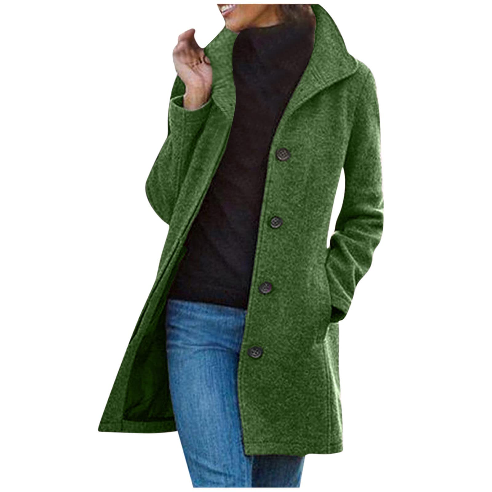 AMhomelyJacket Coats for Women Sale Solid Color Pocket Woollen Coat Recreational Long Sleeve Tops Overcoats Cardigans Fall Clothes Outfits Fashion Parka Outerwear UK