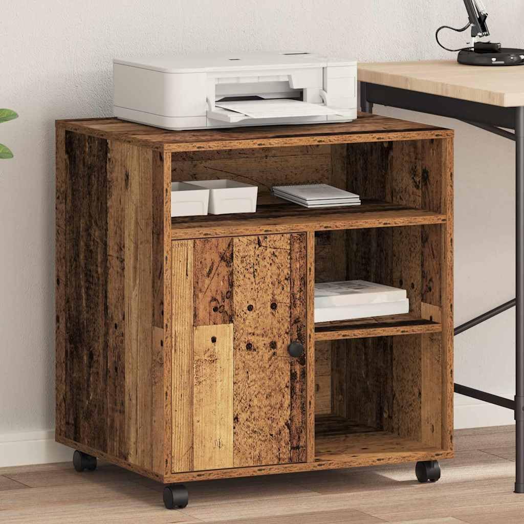 Supporto per stampante in legno anticato, 60 x 50 x 67 cm, con ruote, supporto mobile per stampante in legno con finitura rustica, per home office e ufficio, facile montaggio con attrezzi