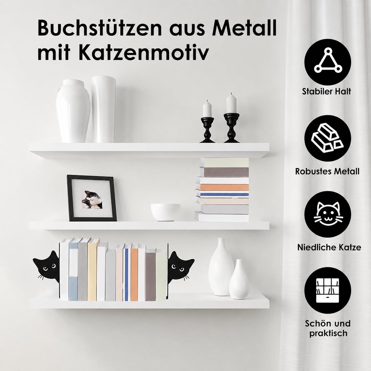 Serre-livres en métal, 2 pièces Créativité Chat Support de livres 15×4×18 cm (Largeur de la tête de chat 8,3 cm) Support de livres en métal pour l'école, le bureau et la maison, Noir (Visage