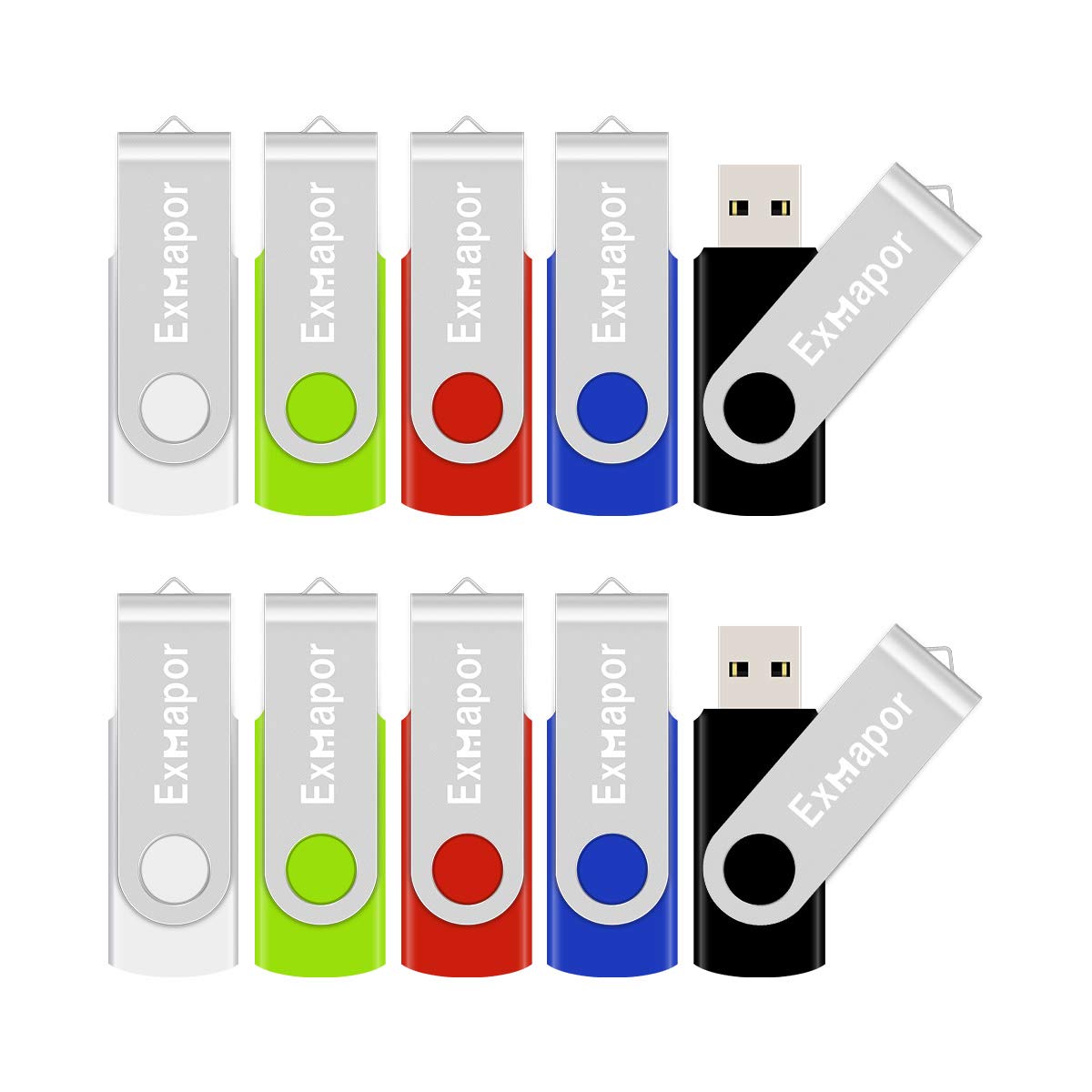 USB Flash Drive 32GB Exmapor USB Drive Swivel Thumb Drive Bulk Memory Stick with LED Indicator 10 Pack(Mixed Colors: White, Green, Red, Blue, Black)