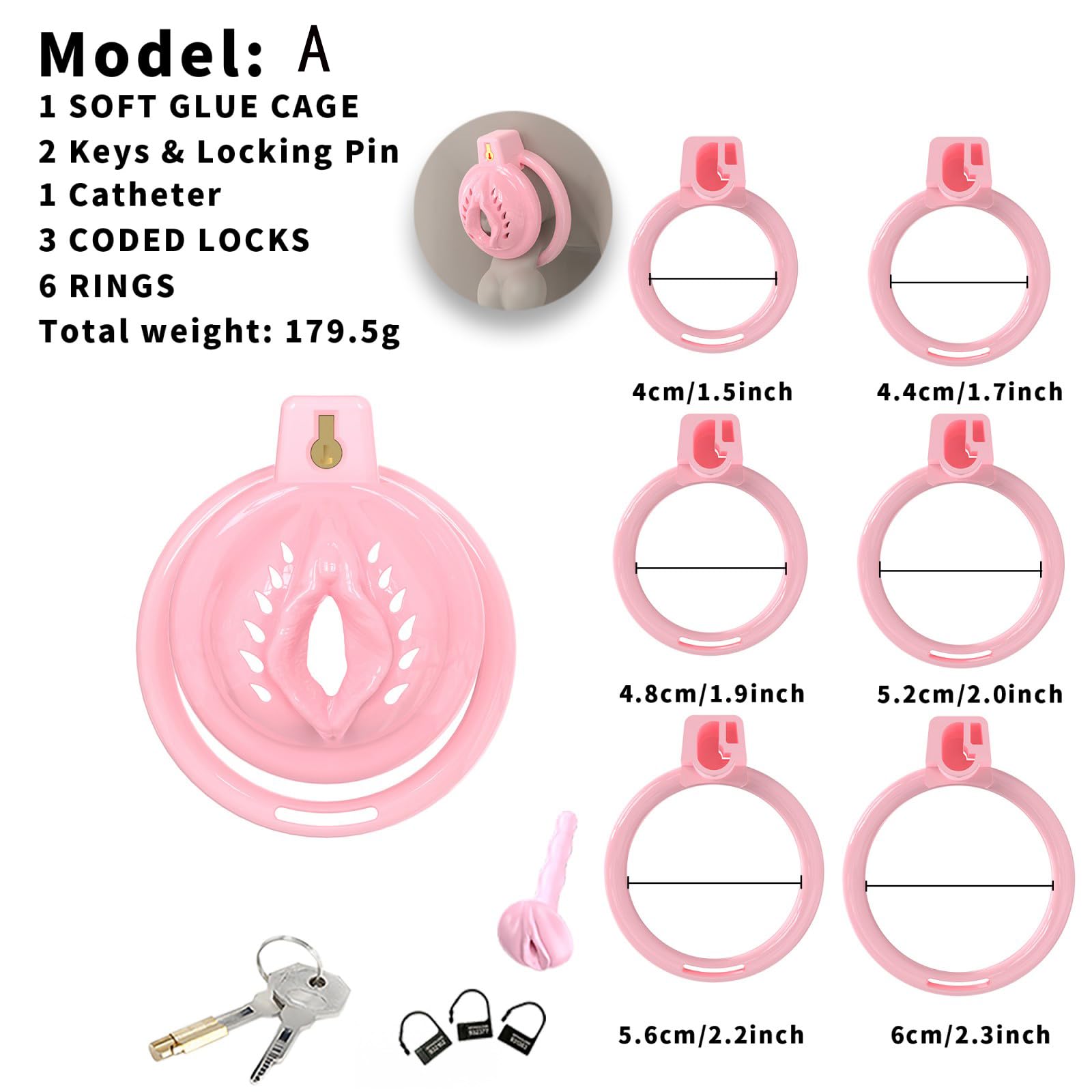 Cage de Chasteté pour Pénis de Sissy Sex Toýs Homme Cage de Pénis avec Serrure Dissimulée et 6 Anneaux Différents Petite Chastity Cage en Silicone avec Cathéter pour Bondage le Pénis (Pink,A)