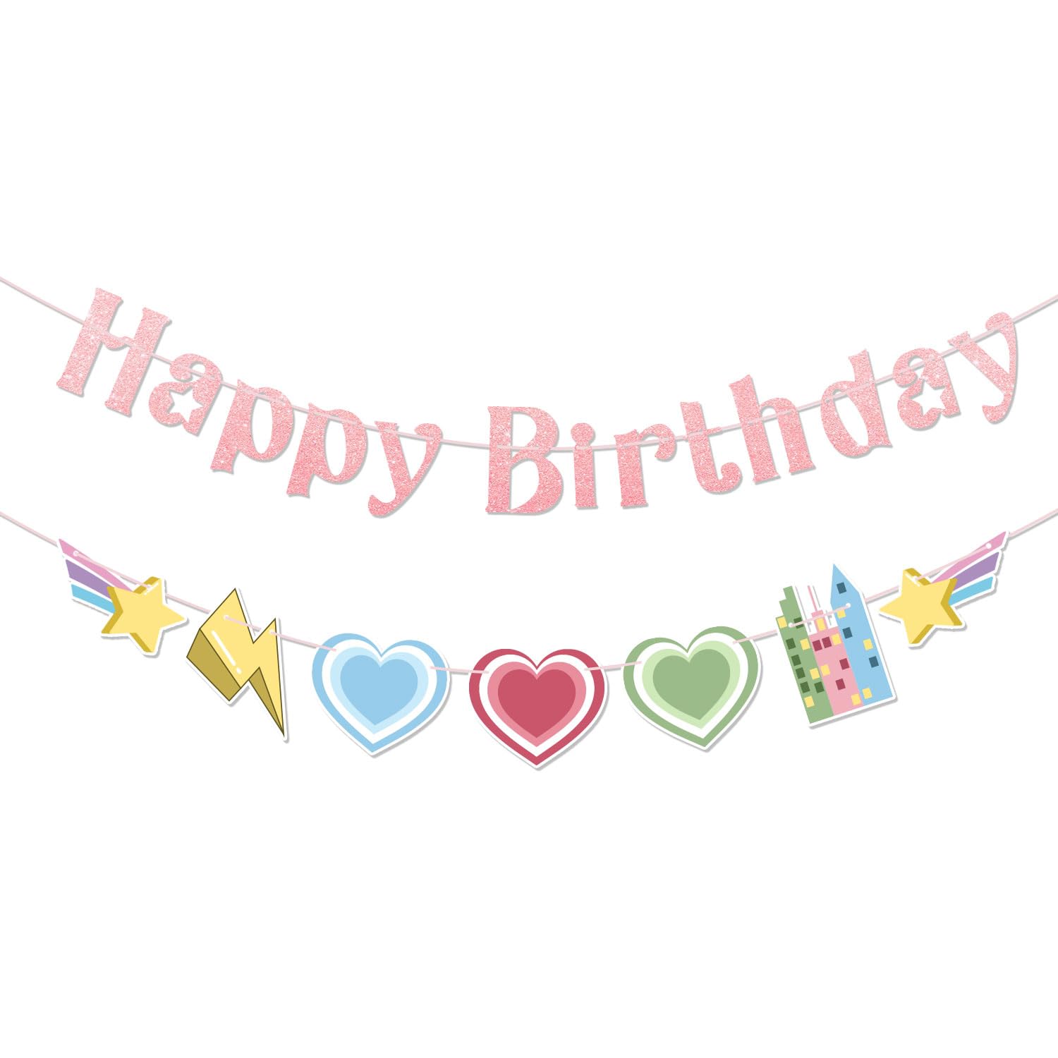 Power Girls Happy Birthday Banner, Pink Girls Party Decorations Pre-Strung Heart Cartoon Birthday Garland Cute Hanging Ornaments for Kids Girl