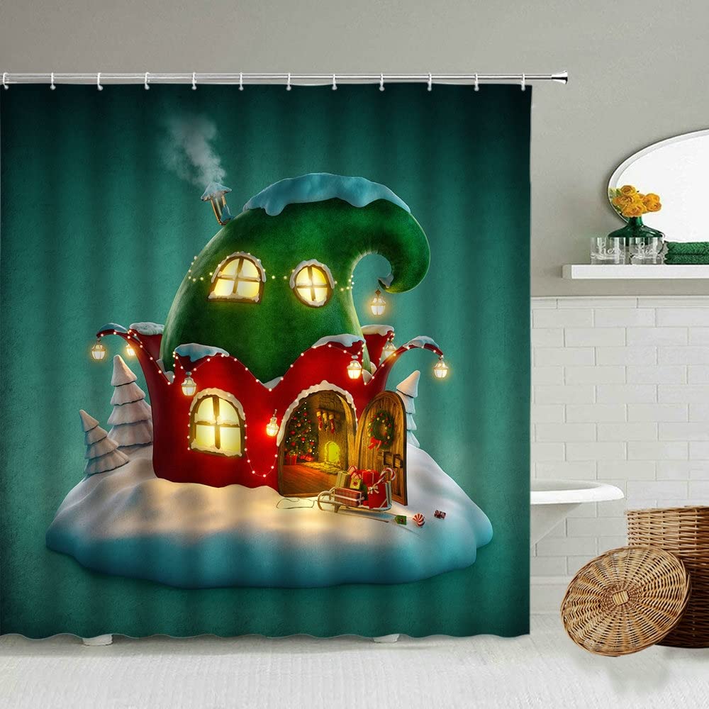 Tenda Doccia Natale Con Elfi - GCTNBJL - 178x178 Cm, Tessuto Con Ganci, Decorazione Bagno Divertente - 3