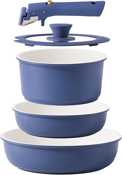 CAROTE 5pcs Pots and Pans Set Non stick,Cookware Set Detachable Handle,kitchen essentials,RV kitchen pot and pan,Induction Cookware,Oven Safe,PFOA PFOS FREE,Blue
