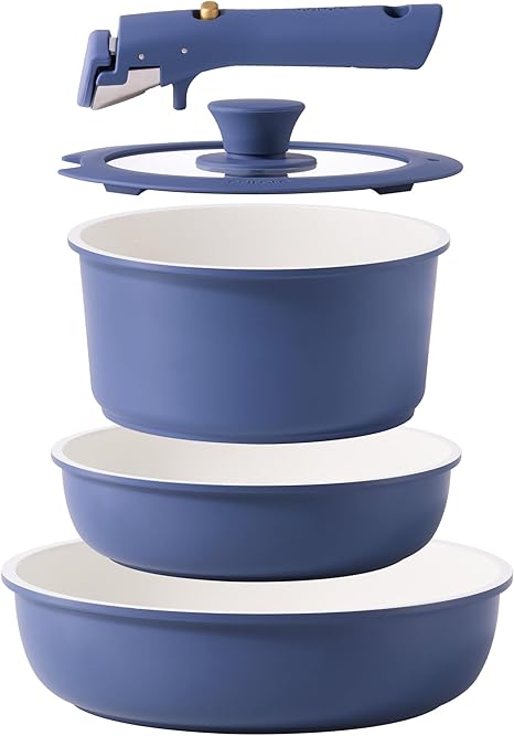 CAROTE 5pcs Pots and Pans Set Non stick,Cookware Set Detachable Handle,kitchen essentials,RV kitchen pot and pan,Induction Cookware,Oven Safe,PFOA PFOS FREE,Blue