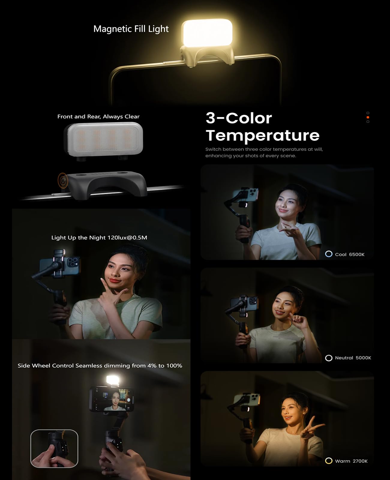 hohem iSteady X3 - Estabilizador de cardán para iPhone, cardán de teléfono de 3 ejes con luz de relleno magnética, varilla extensible integrada y trípode, control remoto desmontable, estabilizadores