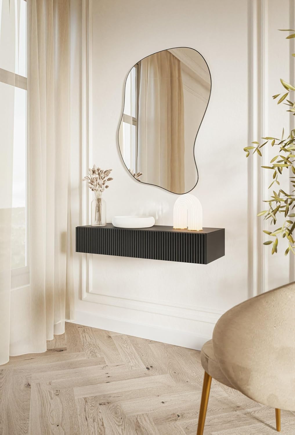 Selsey Console D'Entrée Suspendue avec Tiroir À Lamelles 90 x 17 cm Table Console Noire Veldio