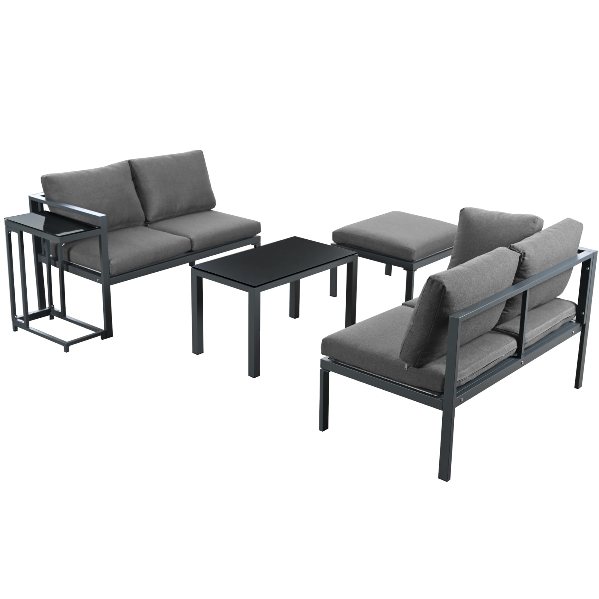Set di 5 mobili da giardino da balcone per 4 – 5, per esterni, con 2 divani doppii, 1 sgabello e 2 tavoli, salone ad angolo, resistente alle intemperie, divano lounge in ferro zincato, grigio