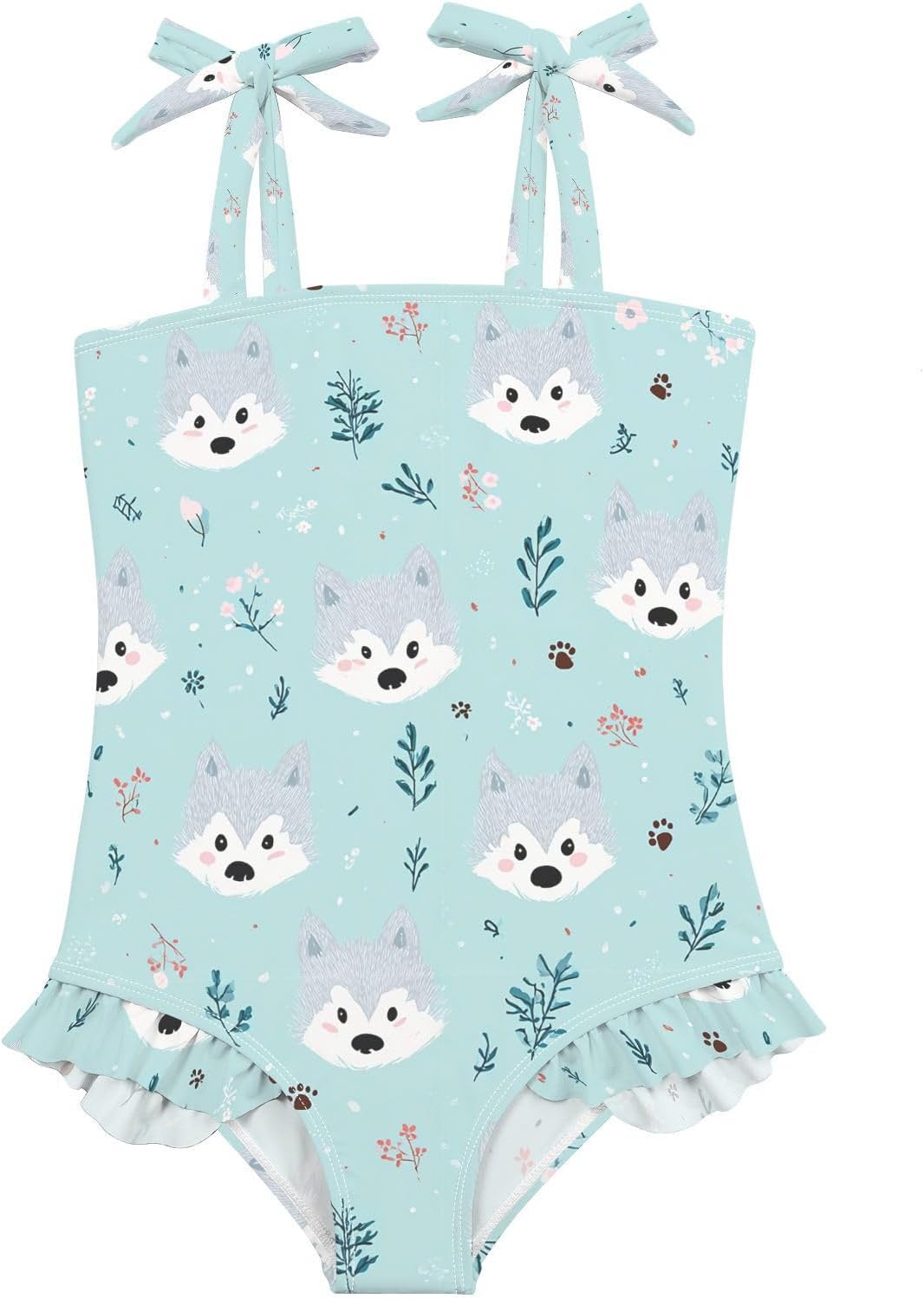 visesunny Toddler Girl Swimsuit Adjustable Strap Swimwear Cute Wolf Green Leaf Bathing Suits for Girls 18M-6Y